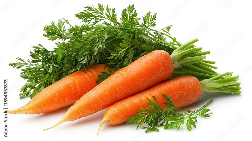 A farm-fresh display of orange carrots with leafy stems, isolated on a bright white background for a simple yet striking image. A farm-fresh display of orange carrots with leafy stems, isolated on a bright white background for a simple yet striking image.