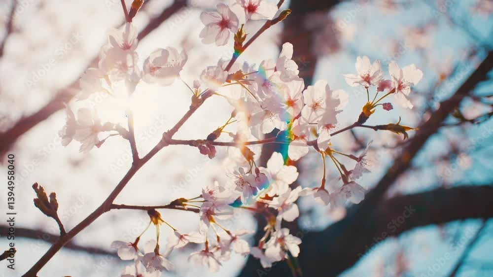 Beautiful view of cherry blossom flowers swaying in wind in warm spring, Sakura, Nostalgic negative film looks with backlit lens flare, 4K slow motion Beautiful view of cherry blossom flowers swaying in wind in warm spring, Sakura, Nostalgic negative film looks with backlit lens flare, 4K slow motion