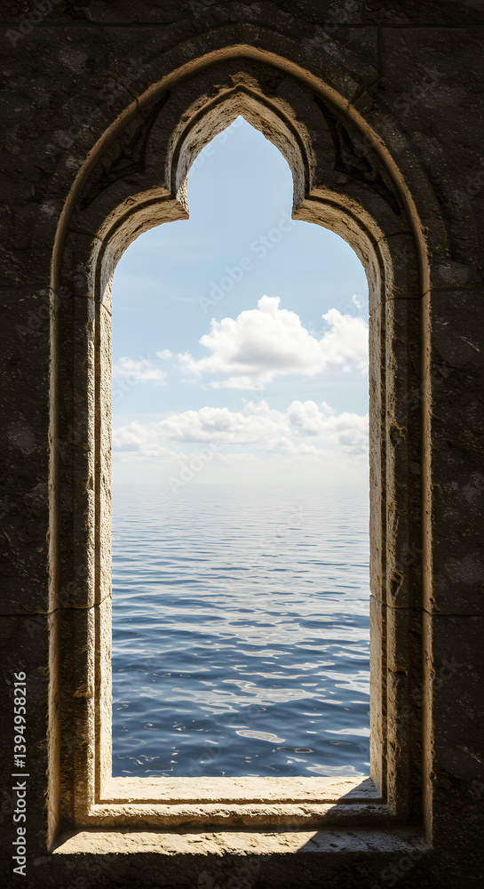 Looking Through Stone Window at Ocean Water and Cloudy Sky Looking Through Stone Window at Ocean Water and Cloudy Sky