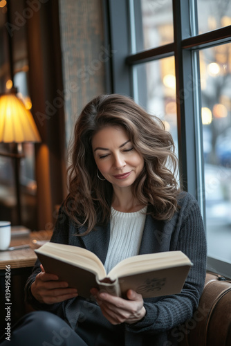 Beautiful woman reading a book with a cup of coffee sitting in cafe or restaurant.