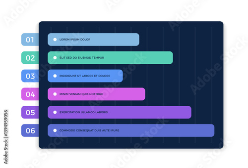 Horizontal bar chart with six elements, business infographic template, data visualization, dark background, vector eps10 illustration