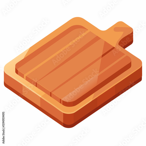 Isometric vector illustration of a wooden cutting board, showcasing its shape and texture in a three-dimensional view.