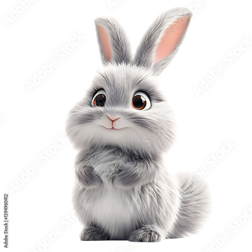 A Fluffy 3D Cartoon Rabbit with Long Droopy Ears Sitting Down with Its Eyes Open Isolated on Transparent Background
