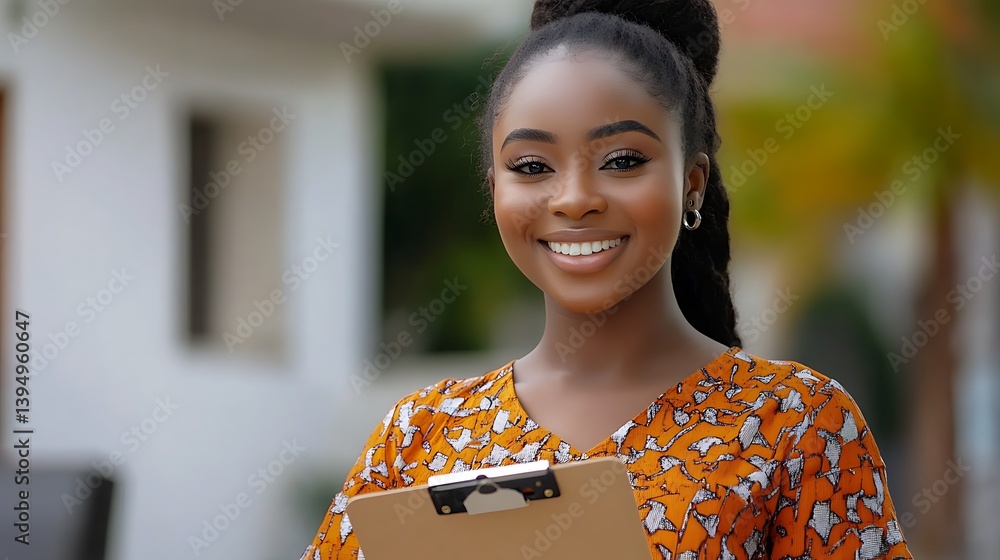 Smiling African Woman Holding Clipboard Outdoors Smiling African Woman Holding Clipboard Outdoors
