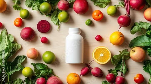 Fototapeta Naklejka Na Ścianę i Meble -  a white plastic vitamin bottle featuring fruits and vegatables in soft focus. The background is a light wooden surface covered by red beets, green leaves, oranges, lemons, bright limes