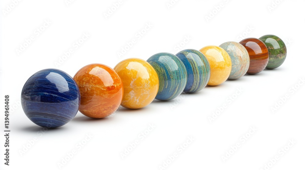 Colorful spheres arranged in a line create a vibrant visual effect. Each sphere showcases different hues and textures. Perfect for artistic projects and designs. Generative AI