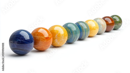Colorful spheres arranged in a line create a vibrant visual effect. Each sphere showcases different hues and textures. Perfect for artistic projects and designs. Generative AI