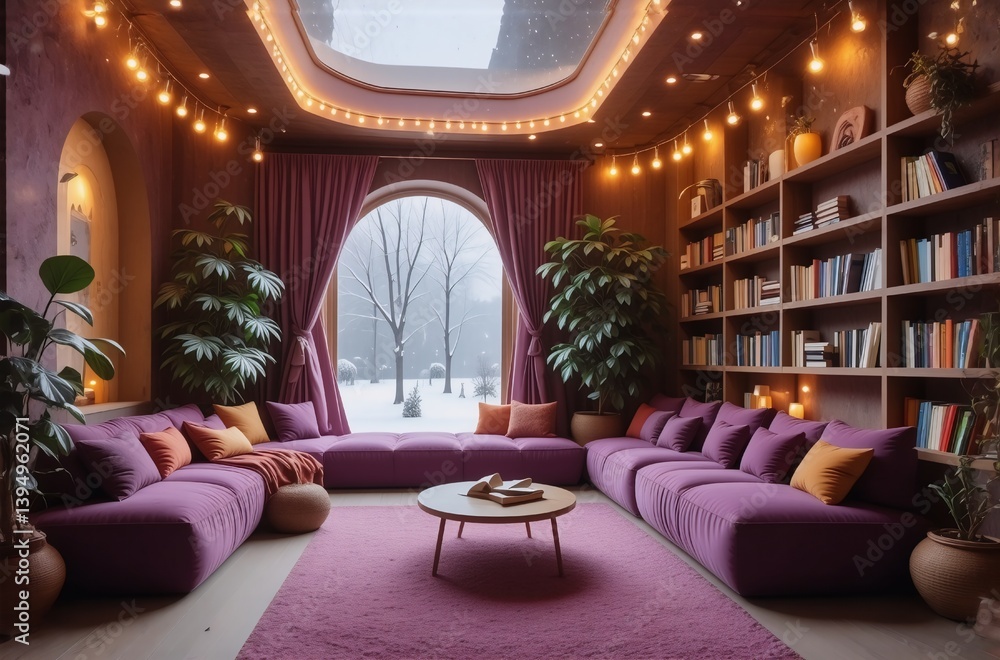 Obraz premium Inviting purple living room with comfy sofa, bookshelves, plants, warm lights, and winter scenery outside.