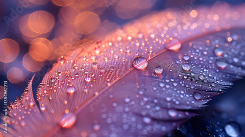 Feather with water drops on dark surface