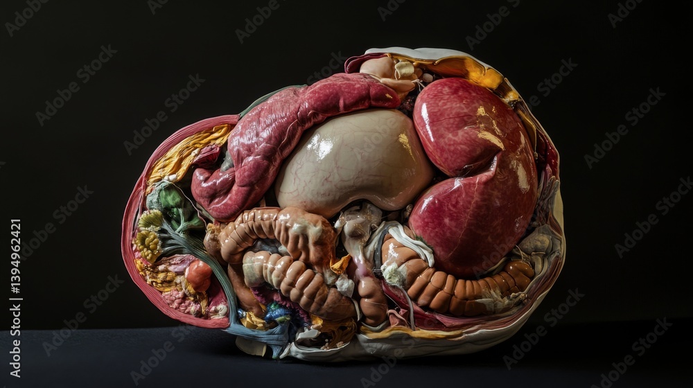 A detailed anatomical model showcasing the inner organs of the human body. This unique interpretation offers insight into human anatomy. Generative AI.