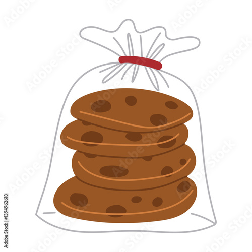 Cookies in packages. Oatmeal cookies with chocolate chips are stacked on top of each other in a transparent sealed package. Sweet food for a tea. Flat vector illustration of food, isolated on a white