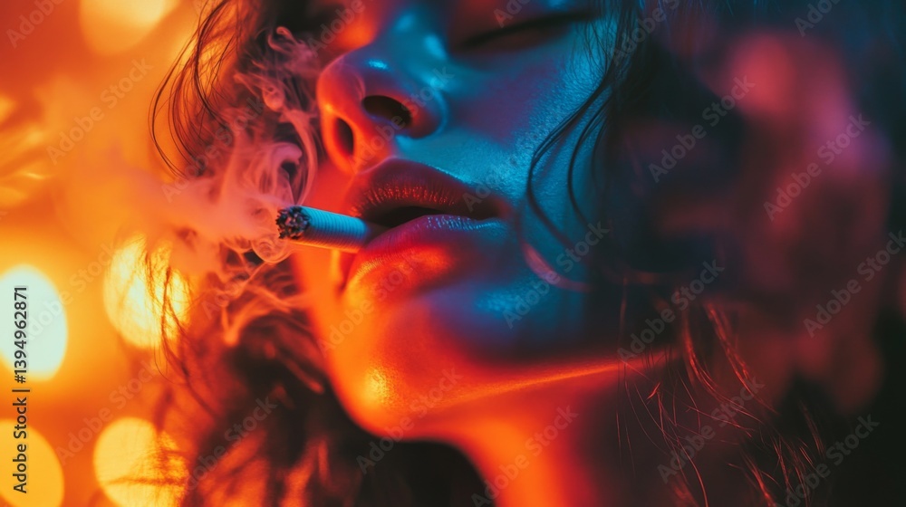 A captivating portrait of a woman in a colorful atmosphere. She exhales smoke dreamily. The vibrant colors create an enchanting feel. Generative AI