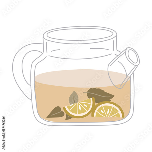 Transparent glass teapot with tea leaves and lemon. An open teapot with lemon slices. A brewing kettle for a traditional and cozy tea party. Flat vector color illustration