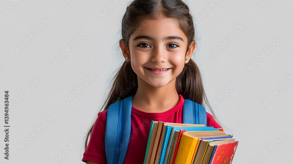 Smiling student girl holding books and wearing backpack Smiling student girl holding books and wearing backpack