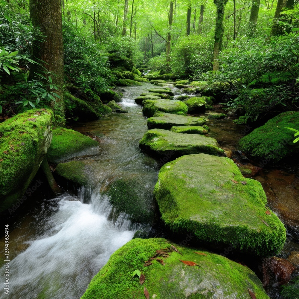 Serene forest stream flowing over mossy stones in a lush green landscape creating a tranquil and peaceful atmosphere with natural beauty Serene forest stream flowing over mossy stones in a lush green landscape creating a tranquil and peaceful atmosphere with natural beauty