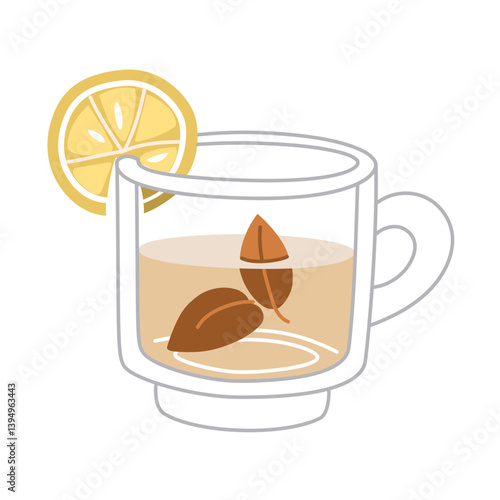 Transparent glass cup with tea leaves and lemon. An open teapot with lemon slices. Brewing tea for a traditional and cozy tea party. Flat vector color illustration