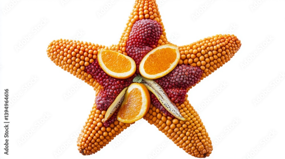 A vibrant star-shaped fruit arrangement made with oranges and lychee. This creative display brings joy and color to any setting. Perfect for parties and celebrations. Generative AI