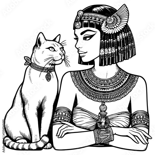 Illustration of a cleopatra with a cat in a stylish and artistic design.