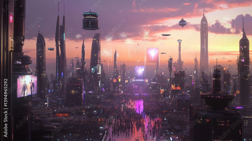 Futuristic Cityscape at Dusk with Floating Vehicles, Colorful Fireworks, and Bustling Crowds Celebrating in a High-Tech Urban Environment Futuristic Cityscape at Dusk with Floating Vehicles, Colorful Fireworks, and Bustling Crowds Celebrating in a High-Tech Urban Environment