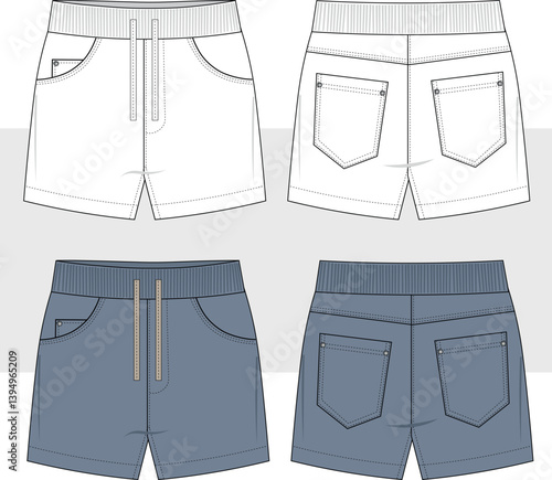 Men's sweat denim shorts with elastic waist. relaxed fit shorts, fashion technical sketch illustration, vector. Front and back view. Cad, Mockup. 
