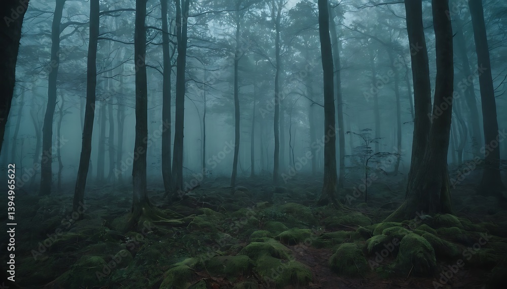 Fototapeta premium Gloomy spooky foggy dark forest landscape Mysterious horror forest background 3D illustration,fog, horizontal, horror, loneliness, no people, photography, 945
