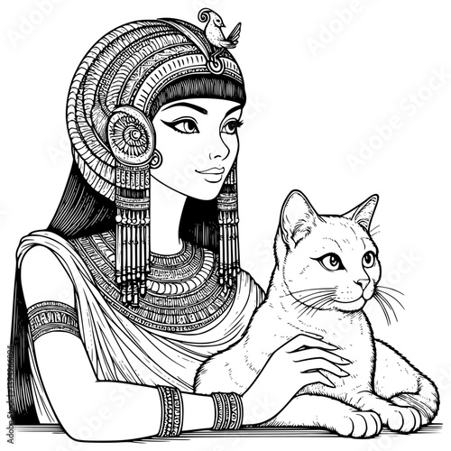 Illustration of a cleopatra with a cat in a stylish and artistic design.