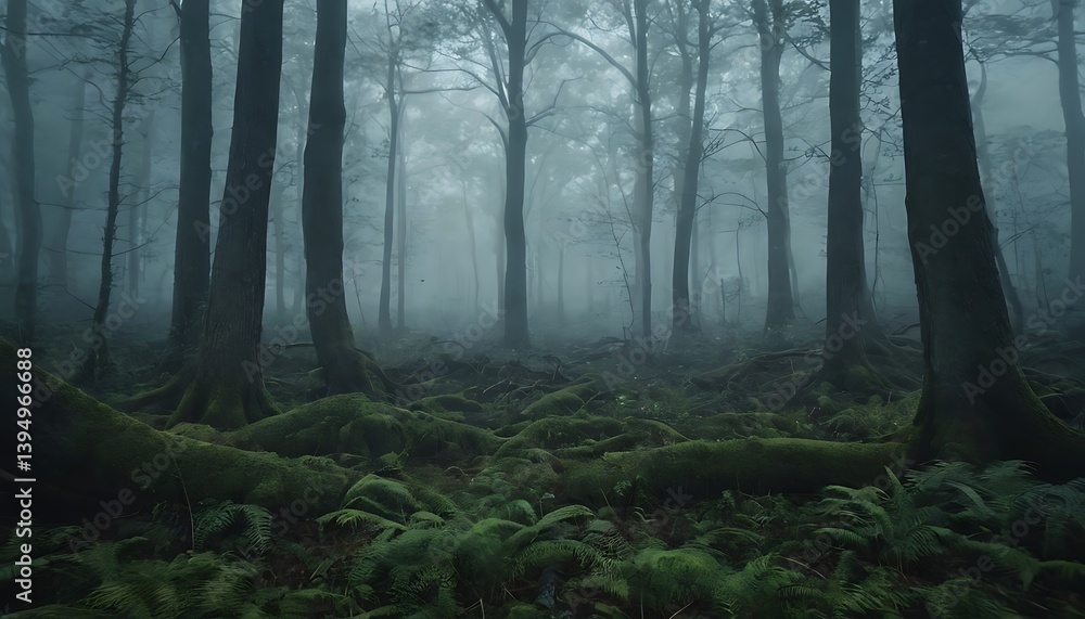 Obraz premium Gloomy spooky foggy dark forest landscape Mysterious horror forest background 3D illustration,fog, horizontal, horror, loneliness, no people, photography, 45