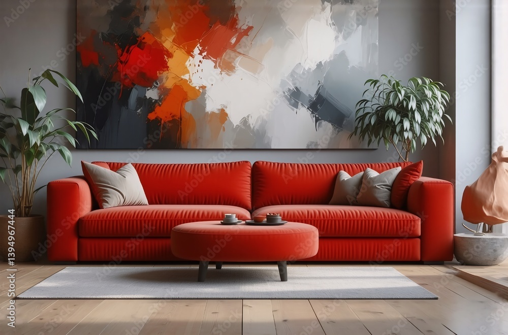Obraz premium The image shows a modern living room featuring a bright orange sofa, a circular ottoman, plants, and an abstract painting adding warmth and art. The room has a grey wall and wood floor.