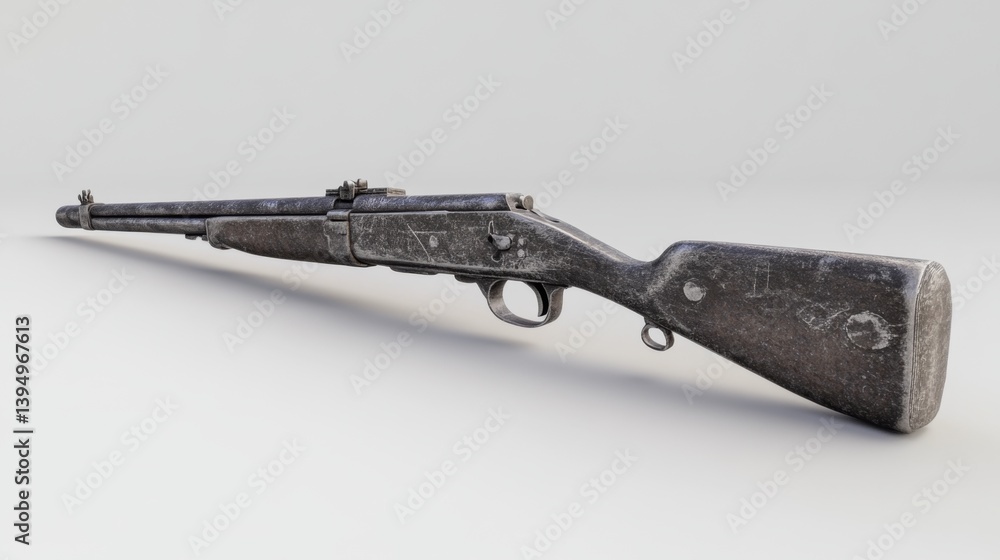 An old rifle rests against a neutral background. Its weathered surface tells tales of history. An intricate design captures attention and intrigue. Generative AI.