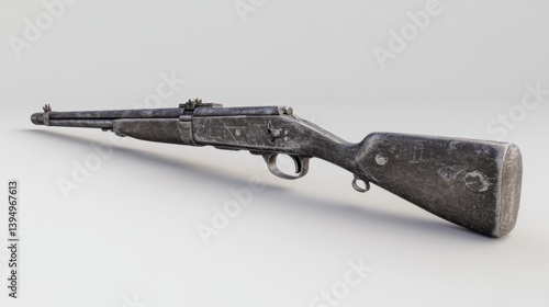 Obraz na płótnie An old rifle rests against a neutral background. Its weathered surface tells tales of history. An intricate design captures attention and intrigue. Generative AI. w salonie