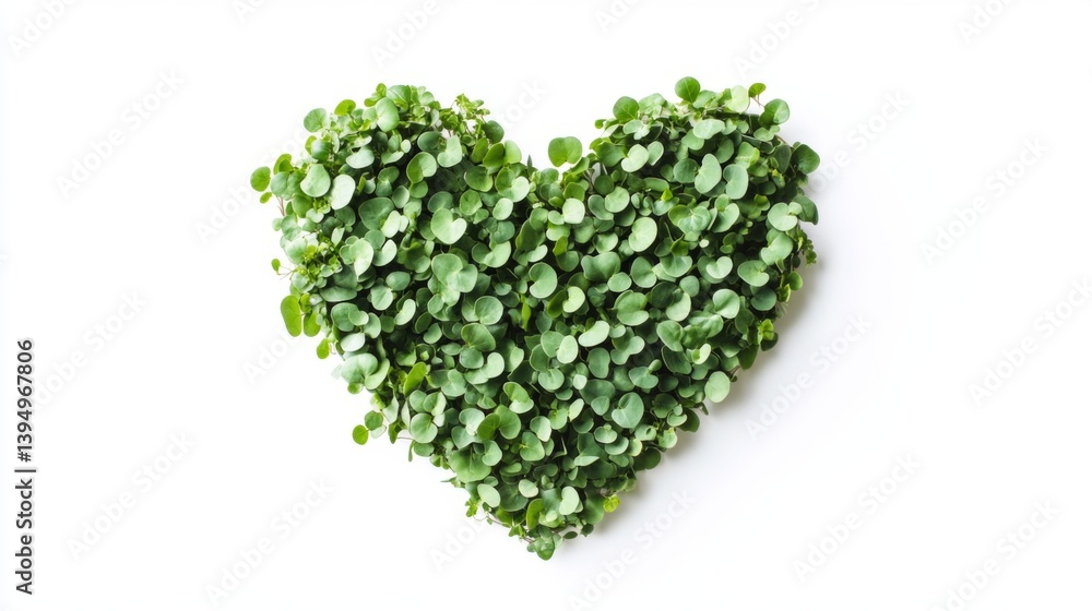 A heart shape made from green leaves. This image symbolizes love for nature and the environment. It evokes feelings of serenity and connection. Generative AI