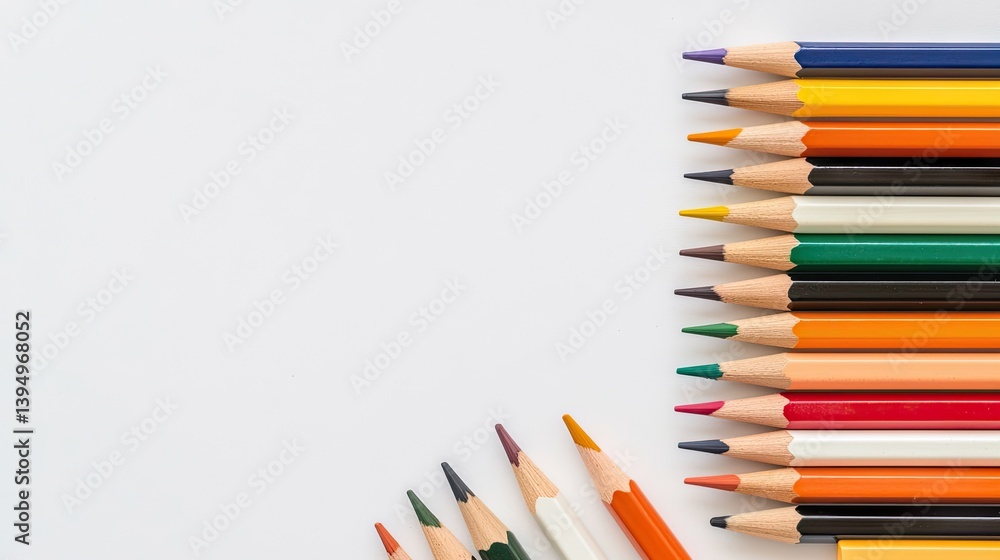 Fototapeta premium A precise row of black pencils, perfectly aligned on a clean white background, minimalist aesthetic.