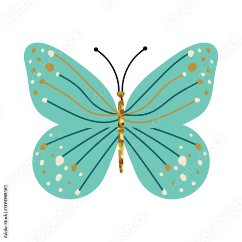 Light turquoise butterfly with gold and white decorative dots and glittery body. Cute whimsical insect.