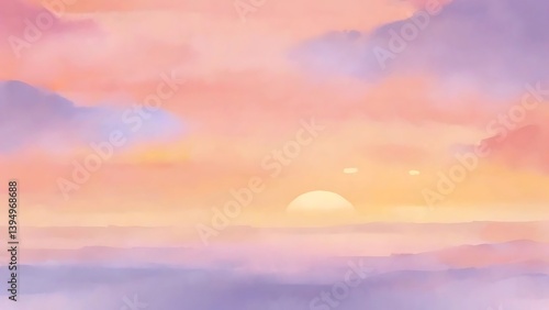 Pastel Sunset Illustration With Soft Clouds And Mountains Landscape Background