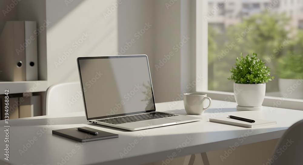 Fototapeta premium Modern office workspace with laptop, coffee cup, notepad, and plant on a clean desk, minimalistic style, natural light