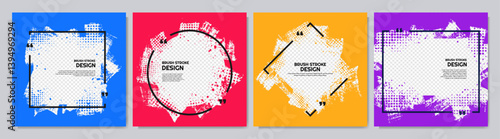 Vector illustration. Hand drawn abstract color overlay set with linear frame. Ink brush strokes mess. Design elements for social media template, web banner, blog post. Paint splatter and halftone dots