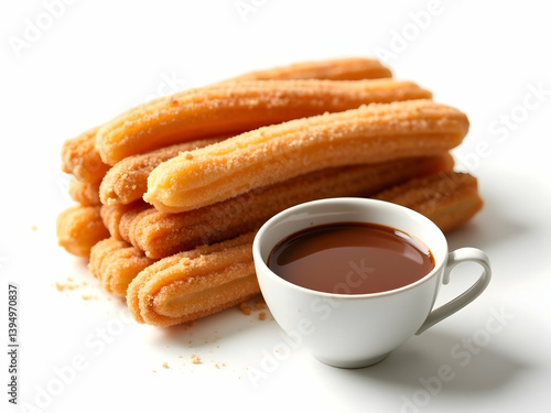Delicious Churros with Hot Chocolate, A Classic Comfort Food Delight Depicting Warmth, Indulgence, and Culinary Pleasure on a Clean White Background Setting