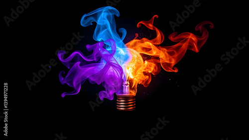 Bright idea concept a burning light bulb, electric power glowing in isolated white glass