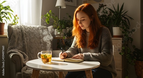 Young woman journaling with a cup of tea in a cozy living room, blanket and plants around, calm and creative lifestyle