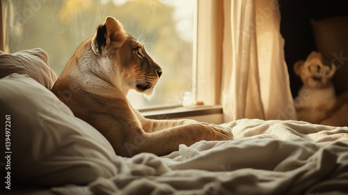 Lioness contemplating life's mysteries while lounging on a cozy bed indoors