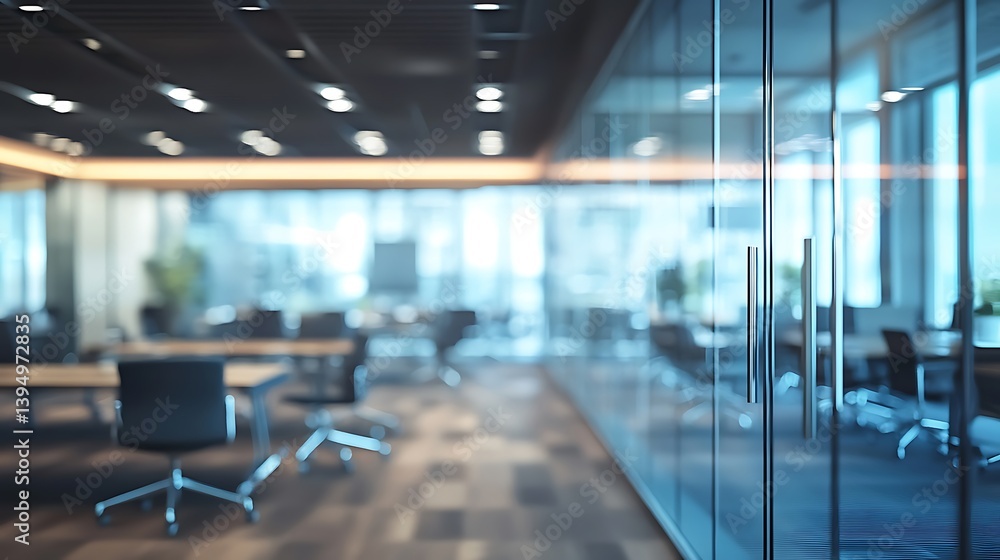 a contemporary workspace with blurred views of a meeting room and glass partitions a contemporary workspace with blurred views of a meeting room and glass partitions