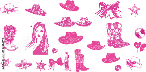 Cowgirl coquettish groovy party icon set vector hand drawn western bachelorette dancing doodle. American traditional hat, cowboy boots, disco ball, country woman face.