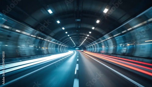Driving Through Tunnel with Motion Blurred Lights and Road Perspective