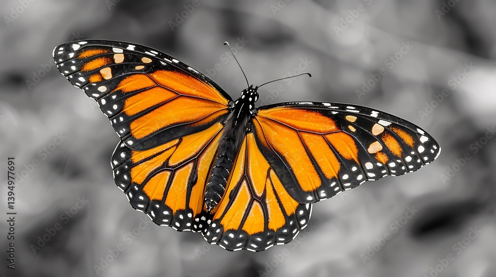 Fototapeta premium Monarch butterfly fluttering against a black and white sky its bright orange and black wings creating a breathtaking display of natures beauty