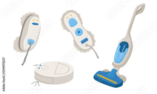 Vector set of modern equipment for house cleaning isolated on white background. Illustration of window cleaner, vacuum cleaner and robot vacuum cleaner.