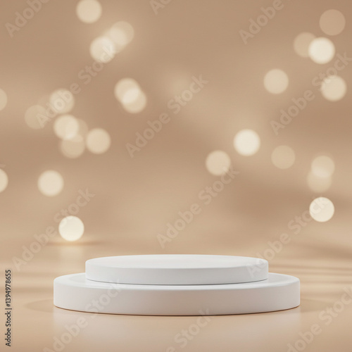 White podium on beige background with warm bokeh lights. Minimalist product display stage with gold bokeh and soft shadow