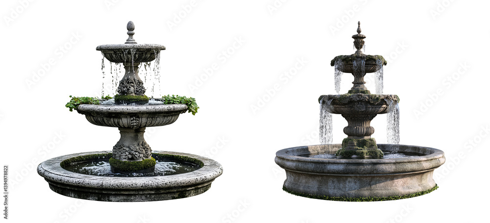 Elegant Stone Fountain with Water Flowing and Moss Accents Elegant Stone Fountain with Water Flowing and Moss Accents