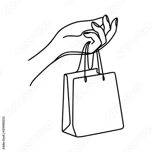 Hand holding shopping bag in minimal line drawing style on a transparent background, sale, Black Friday