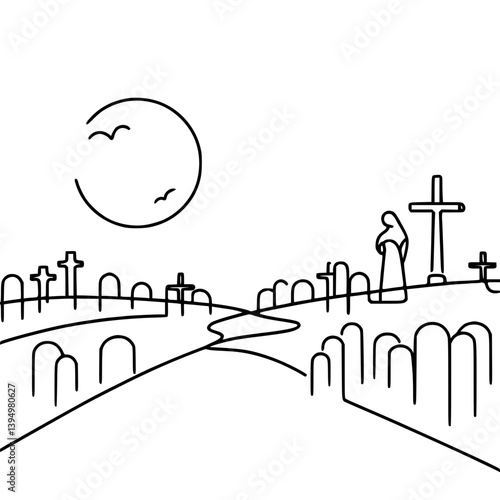 Elegant line drawing of a graveyard with a serene figure on a transparent background, Halloween  