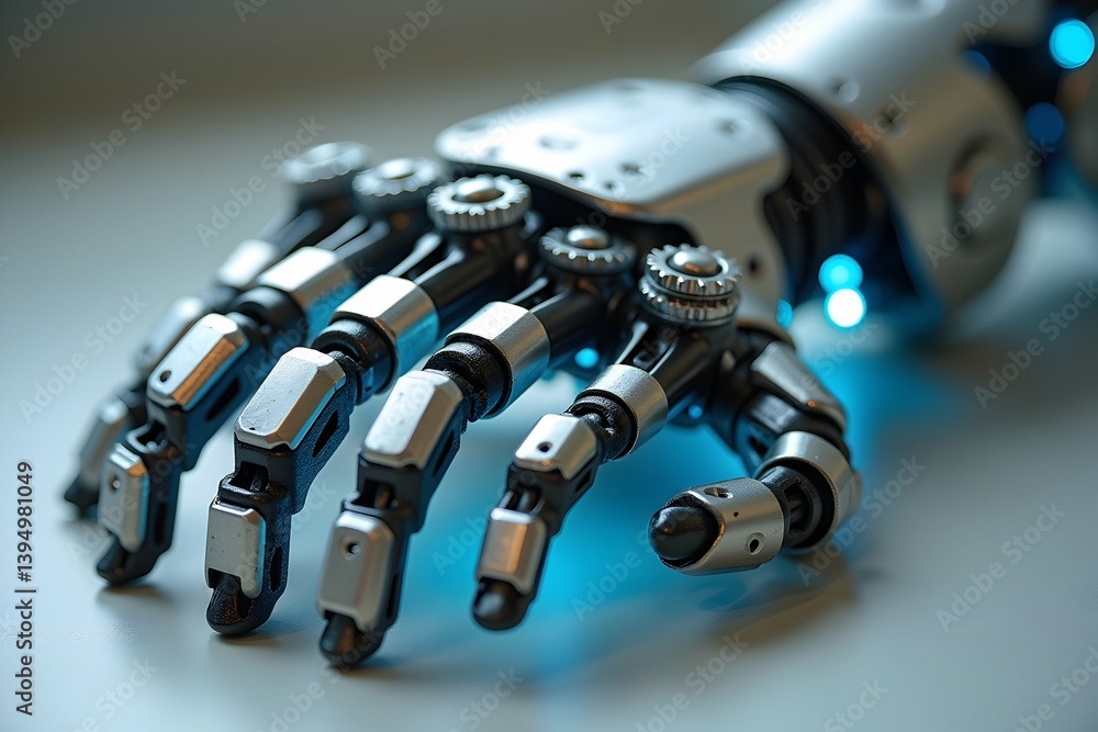 Detailed close up of a sleek metallic robotic hand with intricate mechanical details showcasing advanced technology and futuristic design elements in silver and black tones Detailed close up of a sleek metallic robotic hand with intricate mechanical details showcasing advanced technology and futuristic design elements in silver and black tones